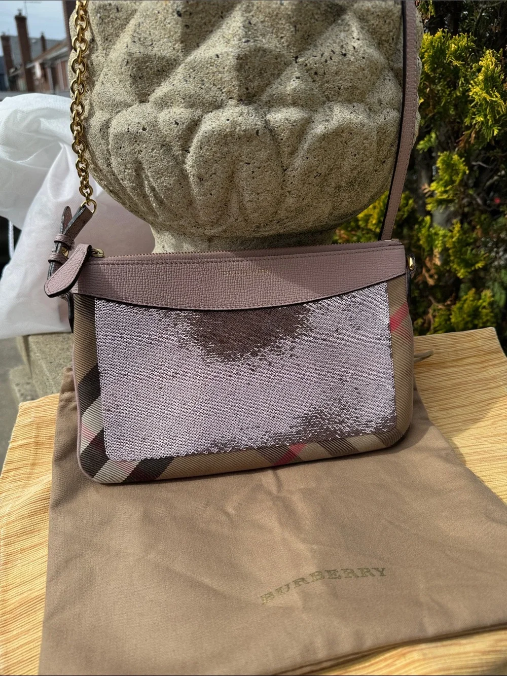 Burberry Pink Sequin Check Canvas Crossbody Purse - Picture 2 of 13